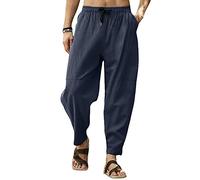 MakingDa Sarouel uni pour Homme avec Poches et Cordon de Serrage - Pantalon de Yoga léger et Large - Pantalon décontracté Maison ou Les Vacances à la Plage-Bleu-XL