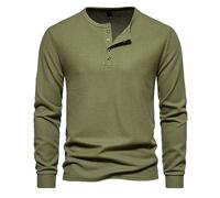 MakingDa T-shirt Henley gaufré à manches longues pour homme, coupe ajustée, col grand-père, boutons, vert militaire, S
