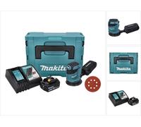 Makita DBO 180 RT1J Ponceuse excentrique sans fil 18 V - 125 mm + 1x Batterie 5,0 Ah + Chargeur + 50x Papiers abrasifs K 320 + Makpac