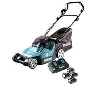 Makita DLM 432 PF4 Tondeuse à gazon sans fil 36 V ( 2x 18 V ) 43 cm sans balais + 4x batterie 3,0 Ah + double chargeur