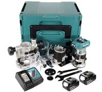 Makita DRT 50 RMJ X2 18 V Li-Ion Affleureuse plaque de plâtre sans fil Brushless avec boîtier Makpac + 2x Batteries BL 1840 4,0 Ah + Chargeur DC18RC + Module de fraisage