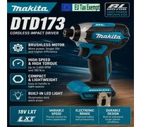 Makita DTD173 Visseuse à percussion sans fil 18V, tournevis électrique sans balais, couple élevé 180N.m, 3600 tr/min, outil électrique compatible avec les batteries Makita BL1860B BL1850B BL1840B 3Bat