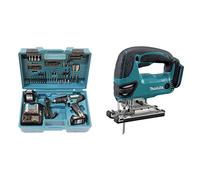 Makita HP333DSAX1 Perceuse-visseuse à percussion sans fil 12 V max. 2 Ah - 2 batteries + chargeur dans coffret de transport & DJV180Z Scie sauteuse sans fil 18 V Li-ion Boîtier nu