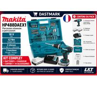 Makita HP488DAEX1 Perceuse Visseuse Percussion 18V 2 Batteries + 74 Accessoires