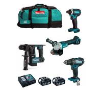 MAKITA Kit MK401 (Perceuse-Visseuse DDF482 + Perforateur DHR171 + Mini-Meuleuse DGA504 + Visseuse à Chocs DTD152 + 2 Batteries de 5,0 Ah + Chargeur + LXT600)