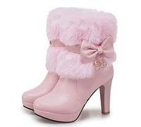 Makmeoyw Femmes's Christmas Faux Fourrure Chunky Heel Bottines Bow-Knot Side Zipper Faux Fourrure Chaussons élégant Business Bottes Dress Bootie Pink size 39