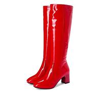 Makmeoyw Red Knee Bottes Hautes 70s GoGo Bottes Bout Rond Disco Bottes Talons Blocs Prom Plateforme Bottes Patent Side Zipper Bottes hautes Size 3