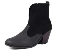 Makmeoyw Womens Suede Ankle Boots Round Toe Chunky Heel Booties Black Retro Classic Cowboy Western Boots Side Zipper Ladies Short Boots Size 8