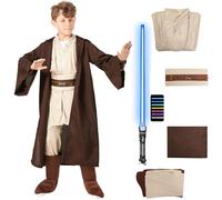 Makoike Costume Jedi 5 pièces pour enfants avec tunique de chevalier Skywalker sabre laser à capuche, robe, pantalon, ceinture, accessoires de costume d'Halloween