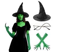 Makoike Lot de 3 accessoires de costume de sorcière méchante Elphaba, chapeau de sorcière, gants à griffe verte, lunettes, chaussettes, accessoires de cosplay