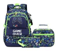 Makukke Ensemble de sacs à dos d'école pour garçons et adolescents avec boîte à déjeuner et trousse à crayons pour élèves du primaire, Ensemble sac à dos sur le thème du gamer-02, 15.6inch, Jeux vidéo