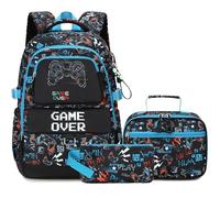 Makukke Ensemble sac à dos d'écolier pour adolescents garçons, gamer, avec boîte à sandwich et trousse à crayons, cadeaux cool pour l'école primaire et le collège, Sac à dos d'écolier Gamer - Set 01