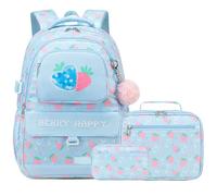 Makukke Sac à dos d'école pour filles, sac à livres, sac d'école pour adolescentes, filles, enfants, élèves du primaire, Bleu fraise, Large, Sacs à dos de jour