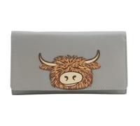 Mala Leather Bella Highland Cow Matinee Portefeuille en cuir véritable RFID pour femme avec emplacements pour cartes, fenêtre pour carte d'identité, poches zippées et sections pour notes - 18 × 10 ×