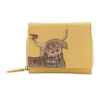 Mala Leather Callum The Highland Cow & Robin Bird Portefeuille à trois volets en cuir véritable RFID avec poche zippée pour pièces de monnaie, jaune, L, Contemporain