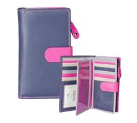 Mala Leather Grafton Grand porte-monnaie à languette - Portefeuille RFID en cuir véritable gris/rose avec doublure multicolore, 22 emplacements pour cartes, fenêtres pour carte d'identité et section