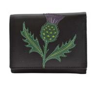 Mala Leather Hamilton Scottish Thistle Portefeuille compact en cuir - Portefeuille à trois volets avec protection RFID, 6 emplacements pour cartes, fenêtre pour carte d'identité et poche zippée pour