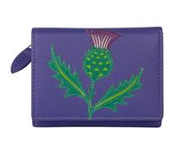 Mala Leather Hamilton Scottish Thistle Portefeuille compact en cuir - Portefeuille à trois volets avec protection RFID, 6 emplacements pour cartes, fenêtre pour carte d'identité et poche zippée pour