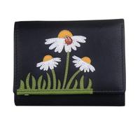 Mala Leather Peony Ladybird & Daisy Portefeuille à trois volets en cuir véritable pour femme avec RFID - Applique florale, emplacements pour cartes, fenêtre pour carte d'identité et poche zippée pour