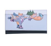 Mala Leather Skating Cats Portefeuille en cuir véritable avec motif chat d'hiver, protection RFID, plusieurs emplacements pour cartes, fenêtres d'identité, sections pour billets et pièces de monnaie