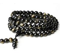 Mala Perles Collier Tibétain Bouddhiste Bouddha MéditationBracelet，Bracelet en Pierre Naturelle 108 Perles Glace Or Obsidienne/Noir Or Obsidienne/Thé Cristal Collier Élastique for Yoga Bouddhiste Chap