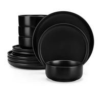 MALACASA, 12 pcs. service de table en porcelaine, set de vaisselle pour 4 personnes, service combiné avec assiette, assiette à dessert, bol, noir