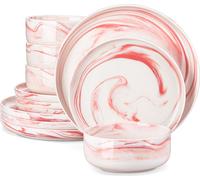 MALACASA, 12 pcs. vaisselle en porcelaine service combiné service de table avec assiette à manger, assiette à dessert, bol, marbre rose