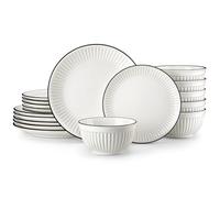MALACASA 18 Pièces Service de Vaisselle en Porcelaine pour 6 Personnes, Assiettes Service de table avec Détails en Relief, Passe au Micro-ondes, Blanc avec Bordure Noire - Série LEILA
