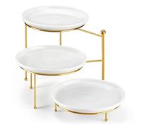 MALACASA 3 Plateau de Service, Ø 26cm Assiettes Plates en Porcelaine | Assiette Blanche avec Support Pivotant, Support de Service, Presentoir a Gateau pour Fruits,Biscuits, Desserts, Blanc Doré