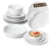 MALACASA AMELIA Service de Table 12 Personnes, Service de Vaisselle 48 Pièces en Porcelaine Blanche - Assiettes Plates, Assiettes à Dessert, Assiettes Creuses, Bols à Céréales, Adapté au Micro-Ondes