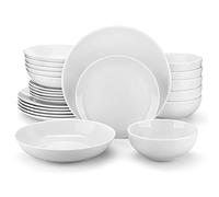 MALACASA AMELIA Service de Table 6 Personnes, Service de Vaisselle 24 Pièces Rond en Porcelaine Blanc - Assiettes Plates, Assiettes à Dessert, Assiettes Creuses, Bols à Céréales, Adapté au Micro-Ondes