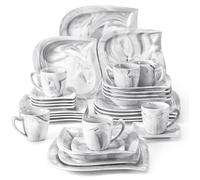 MALACASA Assiette Série ELVIRA, 30 pièces Service de Table Porcelaine Marbre, Le dessin de motif d'eau grise lisse - Gris