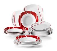 MALACASA Assiette Série FELISA, 18 pièces Service de Table Complet en Porcelaine, Motif à rayures blanches et rouges