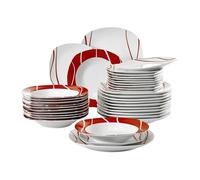 MALACASA Assiette Série FELISA 36 pièces Service de Table Complet en Porcelaine Motif à rayures blanches et rouges