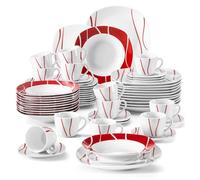 MALACASA Assiette Série FELISA, 60 pièces Service de Table Complet en Porcelaine, Motif à rayures blanches et rouges