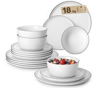 MALACASA Assiettes Service de table 6 Personnes, Set de 18 Pièces Vaisselle et Plats de Service en Porcelaine Blanche avec Bord Noir - Série LEXI