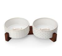 MALACASA Ensemble de gamelles pour chien avec support en bois de noyer, 3,5 tasses, gamelles en céramique pour chiots, deux gamelles pour nourriture et eau avec base lestée antidérapante, bols