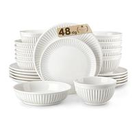 MALACASA Ensemble de vaisselle 12 personnes, service de table 48 pièces en porcelaine, service de table à structure nervurée, ensemble de bols et assiettes scandinave, blanc, série LEILA