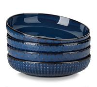 MALACASA Grande Assiette Creuse en Grès, 1570 ml Bol à Pâte Bleu, 24cm Lot de 4 Assiettes Creuses pour Salade Soupe, Passe au Micro-ondes - Série LYDIA