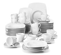 MALACASA JULIA Service de Table 12 Personnes, Service de Vaisselle 60 Pièces en Porcelaine avec Assiettes Plates, Assiettes à Dessert, Assiettes Creuses, Tasses et Soucoupes, Blanc