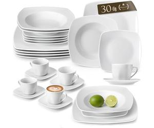 MALACASA JULIA Service de Table 6 Personnes, Service de Vaisselle 30 Pièces en Porcelaine avec Assiettes Plates, Assiettes à Dessert, Assiettes Creuses, Tasses et Soucoupes, Blanc