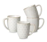 MALACASA Lot de 4 Tasses à Café en Grès, 480ML Grandes Mugs Beige avec Impression en Relief pour Cafe/Thé/Lait - Série LYDIA