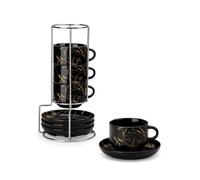 MALACASA Lot de 4 tasses à expresso à paroi épaisse de 75 ml avec soucoupes et support, empilables, en porcelaine noire, passent au lave-vaisselle, série Regular