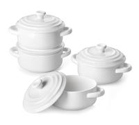 MALACASA Mini Cocottes avec Couvercles en Porcelaine, Petits Ramequins 440ml Individuelles, Plats à Four Rondes avec Poignées 4 Pièces pour Soufflé, Crème Brûlée, Gâteau, Lasagnes, Série BAKE.BAKE