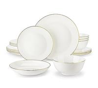 MALACASA NORI Service de table en porcelaine fine, 16 pièces rondes et bols avec bord doré, ensemble de vaisselle en or blanc avec plats, assiettes et bols, ensemble de vaisselle de cuisine pour 4