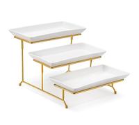 MALACASA Plateau de Service avec 3 Plats, Plateau Repas Céramique, Presentoir Aperitif Buffet 30.5x15.3cm, Presentoir a Gateau pour Fruits, Biscuits, Desserts, Blanc Doré