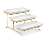 MALACASA Plateau de Service avec 3 Plats, Plateau Repas Céramique, Presentoir Aperitif Buffet 36x15.3cm, Presentoir a Gateau pour Fruits, Biscuits, Desserts, Blanc Doré