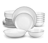 MALACASA Série AMELIA Service de Table Rond en Porcelaine pour 6 Personnes avec Assiettes Plates/Creuses/Dessert, Bols à Céréales, 24 Pièces Set Assiettes Blanc avec Bord Noir