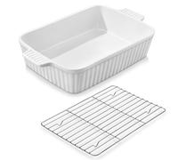 MALACASA Série BAKE, Plat à Four Rectangulaire en Porcelaine avec Grille 4200ml, Grand Plat de Cuisson avec Poignées pour Gratins et Casseroles, Compatible Lave-vaisselle, Blanc