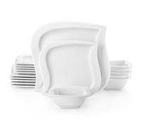 MALACASA Série ELVIRA 18 Pièces Service de Table en Porcelaine, Service de Vaisselle pour 6 Personnes avec 6 Assiettes Plates de 26 cm, 6 Assiettes à Dessert de 21 cm, 6 Bols à Soupe de 240 ml, Blanc